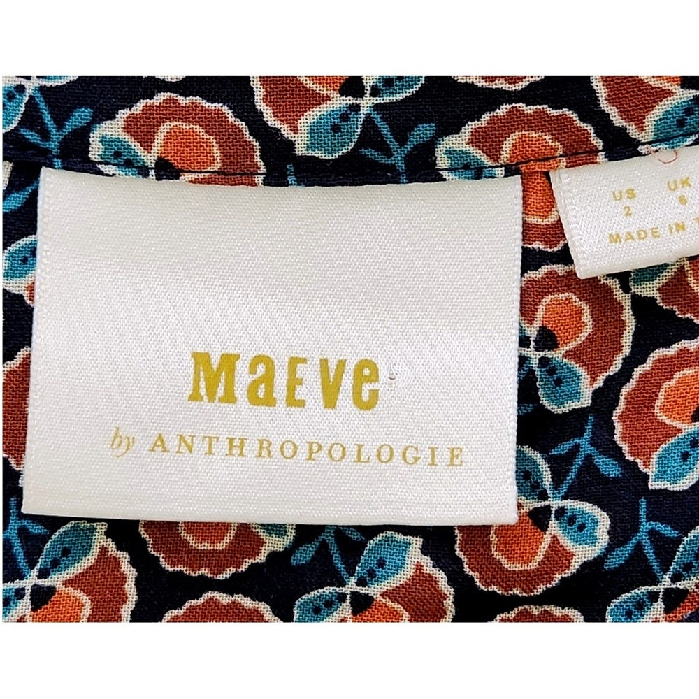 Maeve Anthropologie Floral Geometric Peplum Blouse Navy Orange Lace Trim Size 2 - Picture 4 of 5